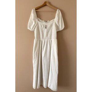 Loft 100% Cotton Smocked Gauze Puff Sleeve Midi Dress Feminine Coquette NWT L